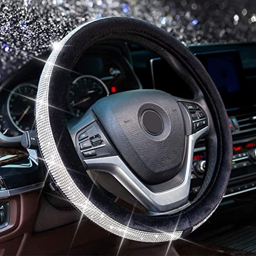 Alusbell Crystal Diamond Steering Wheel Cover Soft Velvet Feel Bling Steering Wheel Cover for Women Universal 15 inch Plush Wheel Cover for Escape Fusion Focus Accord Prius Rav4 Black