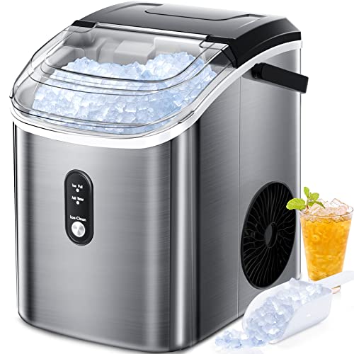 AGLUCKY Nugget Ice Maker Countertop, Portable Ice Maker Machine with Self-Cleaning Function,33lbs/24H,Stainless Steel,Pellet Ice Maker for Home/Kitchen/Office(Silver)