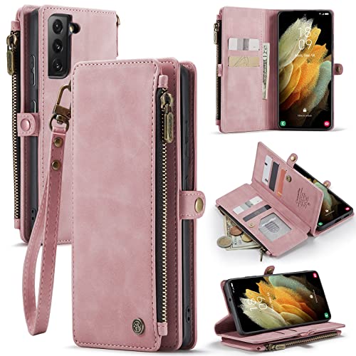 Defencase Galaxy S22 Case, Samsung Galaxy S22 Case Wallet for Women Men, Durable PU Leather Magnetic Flip Lanyard Strap Wristlet Zipper Card Holder Phone Case for Samsung S22 5G (6.1"), Rose Pink