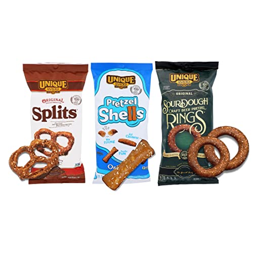 Unique Snacks - Variety Pack with Original Splits Pretzels Shells, and Sourdough Craft Beer Rings, 32 Oz Total, (Pack of 3)