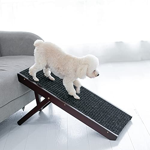 MEWANG 19" Tall Adjustable Pet Ramp - WoodenFolding Portable Dog & Cat Ramp Perfect for Bed and Car - Non Slip Carpet Surface 4 Levels Height Adjustable Ramp Up to 90 Pounds - Small Dog Use Only