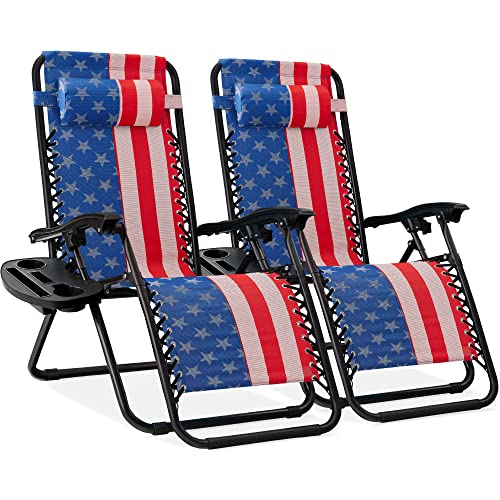 Best Choice Products Set of 2 Adjustable Steel Mesh Zero Gravity Lounge Chair Recliners w/Pillows and Cup Holder Trays - American Flag