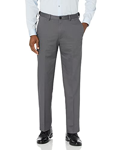 Haggar Men's Classic Fit Flat-Front Hidden Expandable Waistband Premium No Iron Khaki, 44W x 30L - Dark Grey