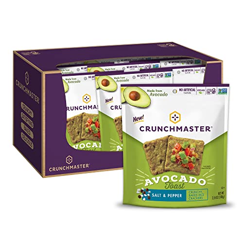 Crunchmaster Avocado Toast Crunchy, Baked Rice Crackers, Salt & Pepper, No Artificial Flavors, Vegan, Kosher, Gluten Free & Non-GMO, 3.54 Ounce (Pack of 12)