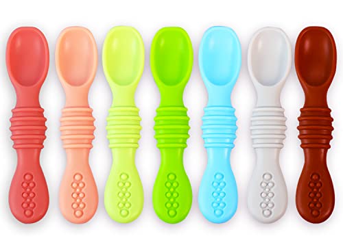 Baby Spoons Self Feeding 6 Months - 7 Pack Silicone First Stage Infant Training Spoons, Baby Led Weaning Untensils for Toddlers, BPA-Free Rainbow Chewable Teething Spoons for Kids - Dishwasher Safe
