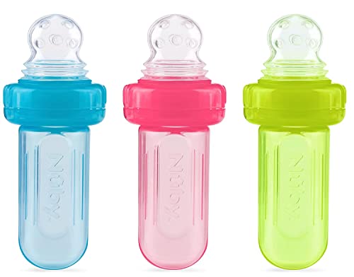 Nuby EZ Squee-Z Silicone Self Feeding Baby Food Dispenser, 1 Count (Pack of 1) - Aqua/Pink/Green, Colors May Vary