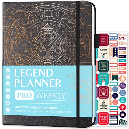 Legend Planner PRO  Deluxe Weekly & Monthly Life Planner to Increase Productivity and Hit Your Goals. Time Management Organizer Notebook  Undated  7 x 10" Hardcover + Stickers  Mystic Grey