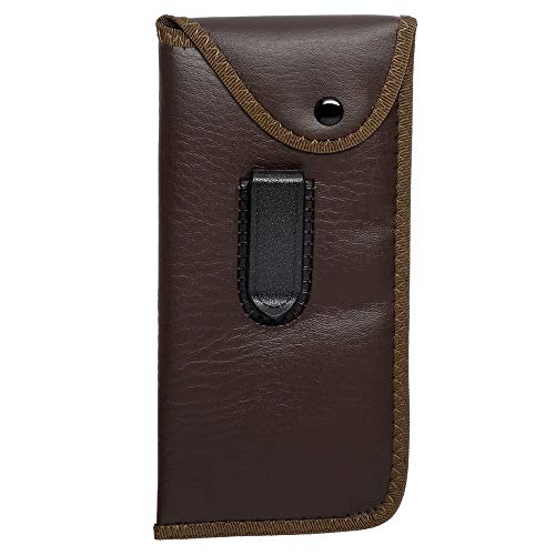 Calabria Pocket Clip Faux Leather Eye Glasses Case Soft in Brown | Eyeglasses Case with Clip & Button Flap | 7.5" x 3.5"