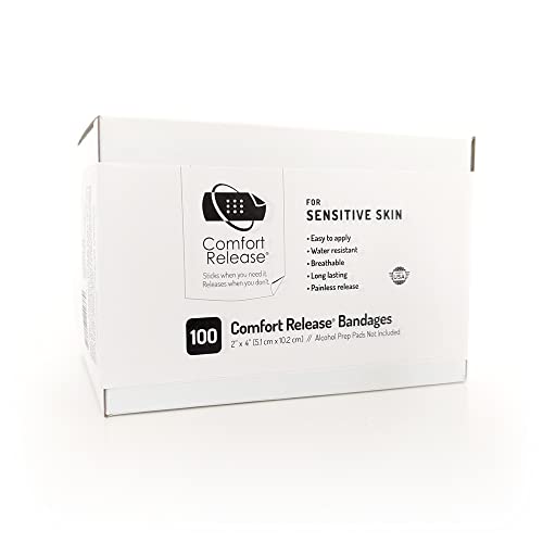 Comfort Release2" x 4" (Box of 100) Sensitive Skin Bandages for Wound Care & First Aid with Painless Removal (When Used as Directed)