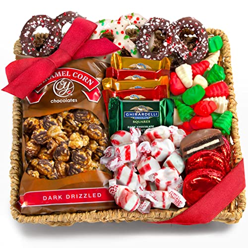 Holiday Classic Chocolate, Candy & Crunch Gift Basket With Handmade Chocolates, Ghirardelli, Caramel Corn for Gourmet Christmas Food Gift