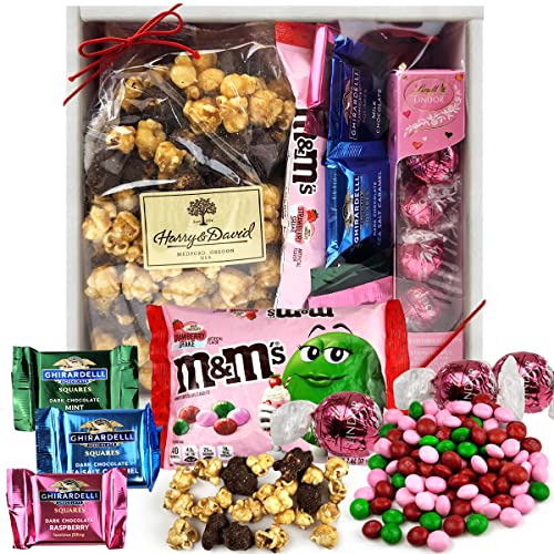 Mother's Day Candy Chocolate Gift Box  Deluxe Edition Valentines Chocolate with Harry David Popcorn, Ghirardelli Lindt Strawberry Cream Truffles, M and M White Chocolate Strawberry Shake Heart Box