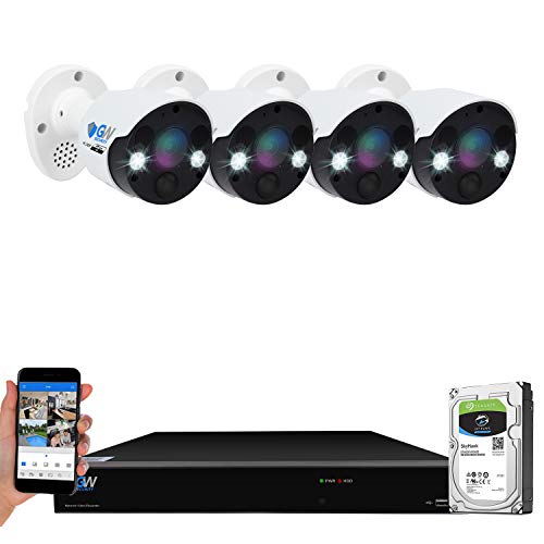 GW Security 8 Channel 8 Megapixel AI Recognition/Person/Vehicle Detection 4K Security Camera System, 4 UHD 2160P 4K 2-Way Audio Floodlight Color Night Vision IP PoE Bullet Cameras