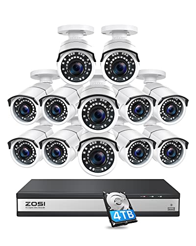 ZOSI H.265+ 1080p 16 Channel Security Camera System for Home,16 Channel DVR with Hard Drive 4TB and 12 x 1080p Surveillance Camera Outdoor Indoor with 120ft Night Vision,105Wide Angle, Remote Access
