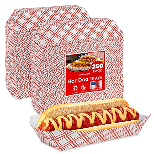 Stock Your Home Checkered Hot Dog Trays (250 Pack) - Retro Red & White Checked Food Boats for Hot Dogs Grease Resistant Checkered Trays - Recyclable & Disposable Paperboard Trays for Hot Dogs