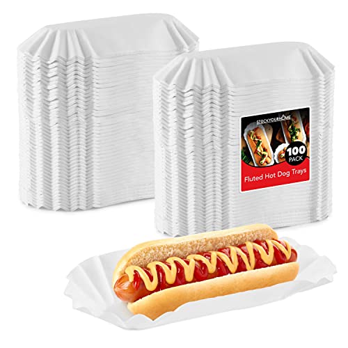 Stock Your Home Paper Hot Dog Trays (100 Pack) 6 Fluted Paper Hot Dog Liners - Disposable White Hot Dog Wrappers - Rectangular Food Trays for to-Go Orders, Takeout, Concessions Stands, Festivals