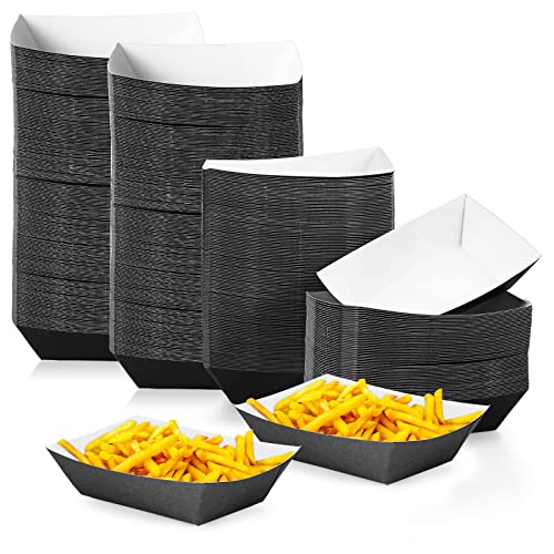 Yetene 300 pcs 2 lb Paper Food Trays Disposable Paper Food Boats Black Paperboard Nacho Trays Fast Food Serving Hot Dog Holder Paper Food Basket Parties Fairs Picnics Carnivals,Holds Tacos Fries Corn