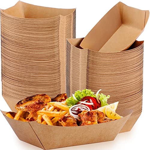 300 Pack Nacho Hot Dog Trays Disposable Kraft Paper Food Tray Food Serving Boat Paper Boat Brown Greaseproof Paperboard Food Container for Camping Picnic Carnival Party, Holds Snack(2 lb)