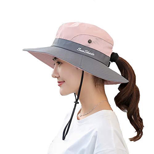 HSELL Womens UV Protection Wide Brim Sun Hats Cooling Mesh Ponytail Hole Cap Foldable Travel Outdoor Fishing Hat (Pink)