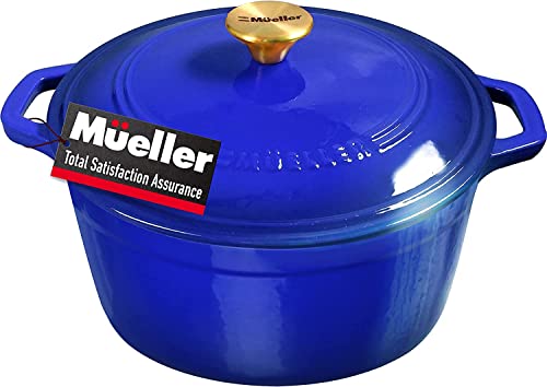 Mueller DuraCast 6 Quart Enameled Cast Iron Dutch Oven Pot with Lid, Heavy-Duty Casserole Dish, Braiser Pan, Stainless Steel Knob, for Braising, Stews, Roasting, Baking, Safe across All Cooktops, Blue, Perfect for Mother's Day Gifts