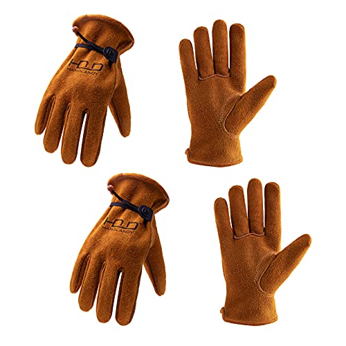 HLDD HANDLANDY 2 Pairs Deerskin Leather Work Gloves for Men & Women, Heat Fire Resistant Forge Welding Gloves, Rigger Gloves for Driver, Construction, Yardwork, Gardening, BBQ (XL, Brown)