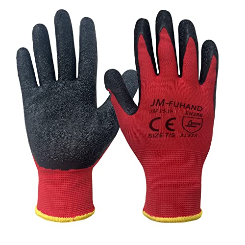 JM-FUHAND Heat Resistant Gloves for Men and Women,Latex Rubber Coated Gloves With Grip. (Large(2 pairs), red)