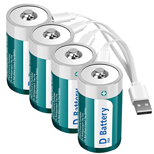 Fitinoch Rechargeable Lithium D Cell Batteries with USB 4 in 1 Charging Cable,1.5V LR20 D Size Battery Replacement for Flashlight,Toys (4 Pack)