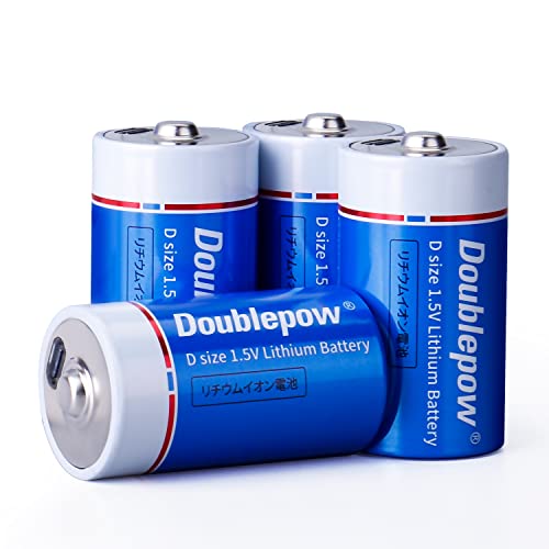 Doublepow D Rechargeable Lithium Batteries 7500mWh D Cell Battery,1.5V D Li-ion Cells with Charging Port,4 Pack