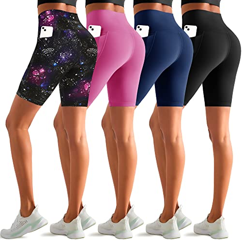 iceROSE 4 Pack Biker Shorts Women with Pockets, 8" High Waist Black Workout Shorts for Gym Yoga Running