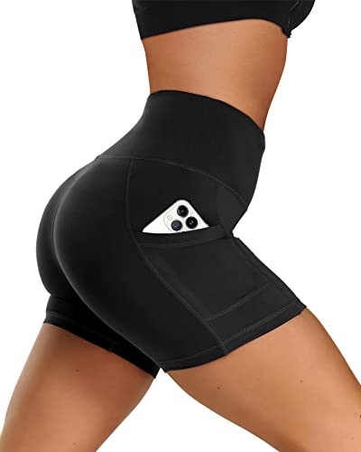 GAYHAY Biker Shorts with Pockets for Women  High Waisted Tummy Control Soft Workout Shorts for Yoga Athletic Running Black