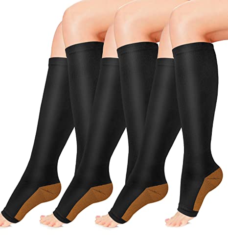 Copper Compression Socks 3 Pairs - Open-Toe Toeless Compression Socks for Women and Men(Black - 3 Pairs, S/M)