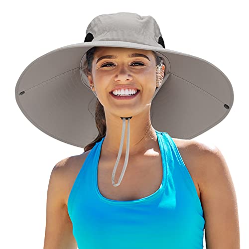 Leotruny Women Super Wide Brim Sun Hat UPF50+ Waterproof Straw Hat for Fishing, Hiking, Camping (C02-light Grey)