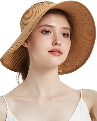 EINSKEY Women's Sun Visor Hat Packable Straw Floppy Wide Brim Ponytail Hat for Summer Beach Travel Golf Garden Khaki