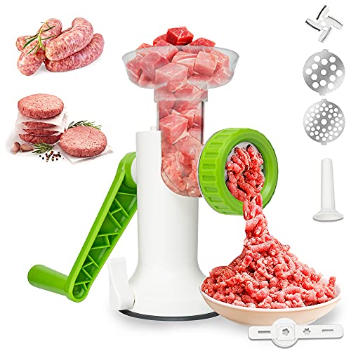 Meat Grinder Manual, Hand Crank Meat Mincer Sausage Stuffer Stainless Steel Blade Powerful Suction Base Kitchen Grinding Machine for All Meats, Sausage, and Cookies