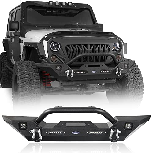 Hooke Road Offroad Steel Front Bumper w/Winch Plate & LED Lights & D-Rings for 2007-2018 Jeep Wrangler JK & Unlimited 2/4 Doors