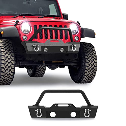 RYNOSKIN Stubby Front Bumper Fit 07-18 Jeep Wrangler JK|18-23 Wrangler JL (Excl. Rubicon/plug-in hybrid models/21-23 V8 engine)|20-23 Gladiator (Excl. Mojave trim) with Fog Light Housing & D-rings