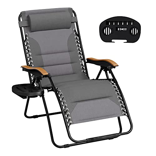 MFSTUDIO Zero Gravity Chairs, Oversized Patio Recliner Chair, Padded Folding Lawn Chair with Cup Holder Tray, Support 400lbs, Light Grey