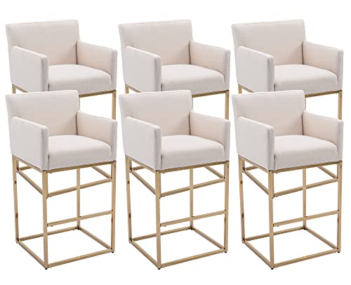 VESCASA Linen Bar Height Bar Stools with Arms, Upholstered Bar Stools with 12.5" H Padded Back, Modern Bar Chairs with Gold Metal Frame for Kitchen Island, Set of 6, Cream