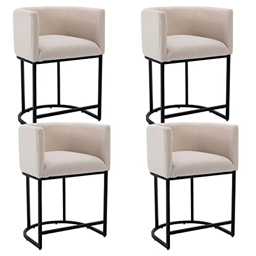 HNY Modern Counter Height Linen Fabric Upholstered Counter Stools Set of 4, 24 '' Kitchen Island Stool with Black Tubular Frame, Cream