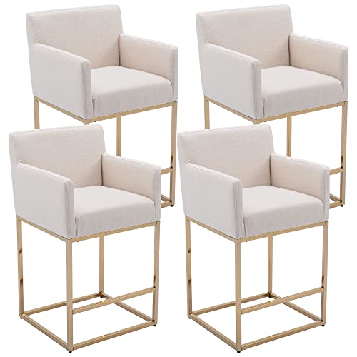 RIVOVA Counter Height 26.75" Bar Stools Set of 4 Linen Fabric Upholstered Barstools with Backrest and Arms, Metal Bar Chairs Kitchen Stools for Island ,Home Bar, Cream, Gold Legs