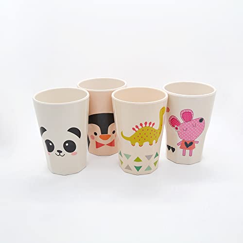 Bamboo Cups For Kids Set of 4 Cute Fun Animal 12 Oz Drinking & Snack Toddler Smoothie Bathroom Eco Friendly Organic Fibre Shatter Resistant BPA Free Dishwasher Safe, White, 4 Count (Pack of 1)