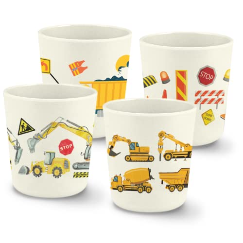 BAMBOO KING Set of 4 Construction Theme Party Bamboo Cups for Kids | Shatter Resistant | BPA Free | Open Cups | 8 Oz