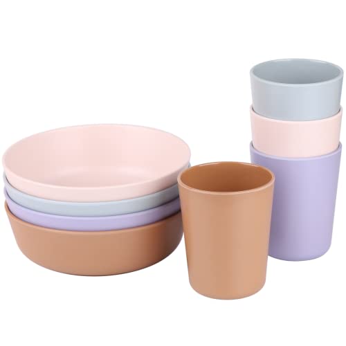 Kids Bamboo Bowls and Cup Set - 8 Piece Kids Bowls and Bamboo Cups for Kids - Bowls for Kids - Dishwasher Safe, Eco-Friendly