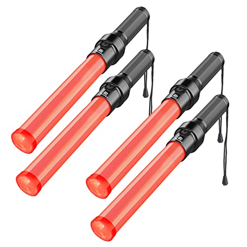 RoadHero 4 Pack Traffic Wand, 16 Inch Led Traffic Control Baton, Safety Light Wands with 2 Flashing Modes, Air Marshaling Signal Wand with Side Clip for Airport, Parking, Car Directing