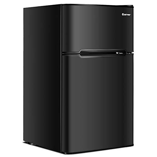 COSTWAY Compact Refrigerator, 3.2 cu ft. Unit 2-Door Mini Freezer Cooler Fridge with Reversible Door, Removable Glass Shelves, Mechanical Control, Recessed Handle for Dorm, Office, Apartment (Black)