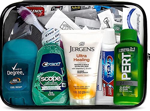 Asom Toiletry Travel Convenience Kit, Premium Personal Care Hygiene Essentials Bathroom Toiletries Accessory Set, Tsa Approved Clear Toiletry Traveling Size Bag Guest Accessories Kits, 20 Piece.