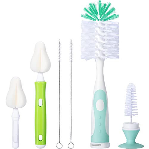 CAREBABYMORE Baby Bottle Brush with One Base Hidden Nylon Nipple Cleaner, 2 Pcs Sponge Nipple Brushes, 2 Pcs Straw Brushes, Bottle Brush with Nipple Cleaner and Suction Cup (Green)