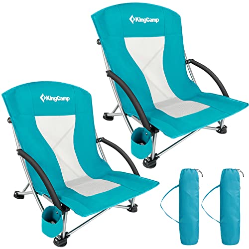 KingCamp Profile Beach 2 Pack,Foding Portable Lightweight Sand Chair for Big Boy with Cup Holder,Carry Bag Padded Armrest for Outdoor Camping Lawn Concert Traveling Festival, Low Back, LowBack Cyan 2