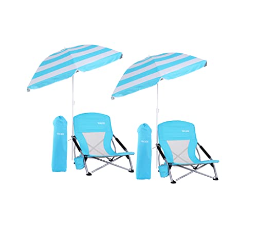 WGOS Beach Chair, Beach Chair and Umbrella, Folding Beach Chair, Beach Chairs for Adults, Low Beach Chair, Detachable SPF 50+ Umbrella, Armrests, Cup Holder, Portable Sand Chair (2-Pack Blue)