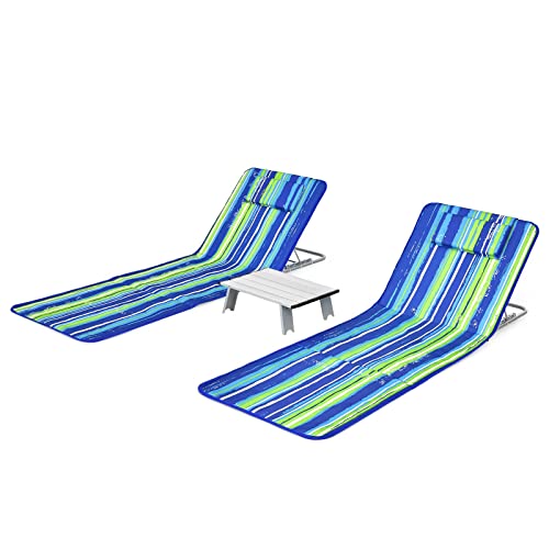 Giantex Beach Chairs for Adults 2 Pack Set with Side Table, Folding Lounge Chairs, 5 Position Adjustable Lawn Chair for Sunbathing, Patio Chaise Lounge Lightweight Backpack Camping Chairs (Stripe)
