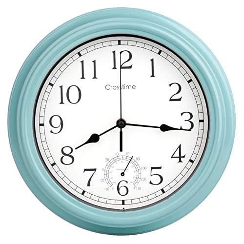 16 Inch Outdoor Clock Waterproof with Thermometer Combo Large Retro Indoor Outdoor Wall Clocks for Patio Pool Garden Porch Home,Robin Egg Blue